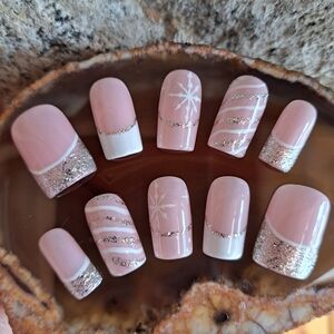 Pink Snowflake Sparkle Square Short Custom Hand Painted Reusable Press On Nails
